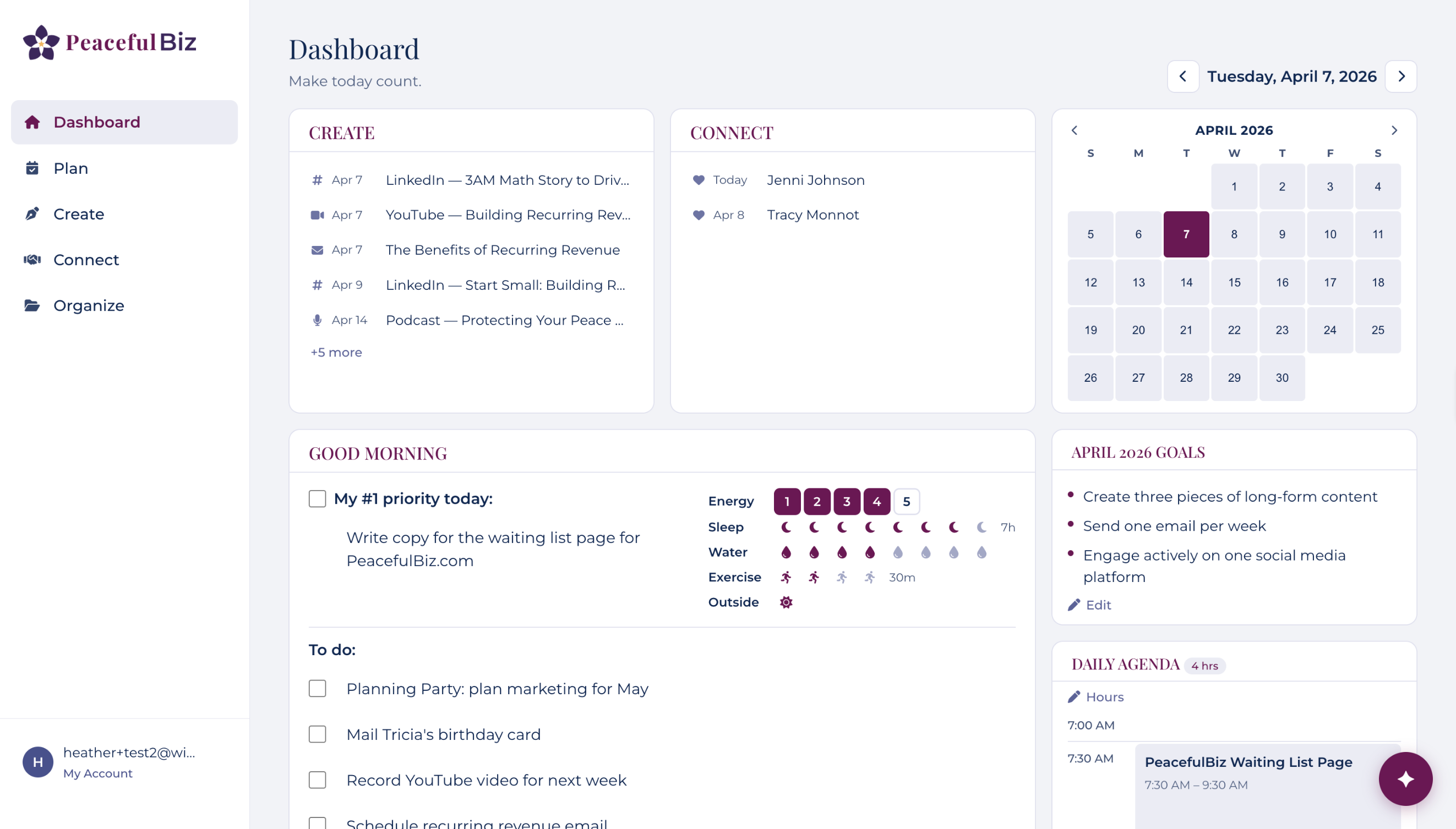 PeacefulBiz dashboard showing daily priorities, calendar, and goals