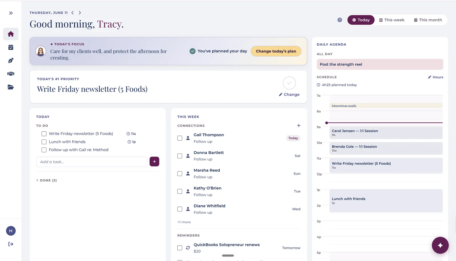 PeacefulBiz dashboard showing daily priorities, calendar, and goals