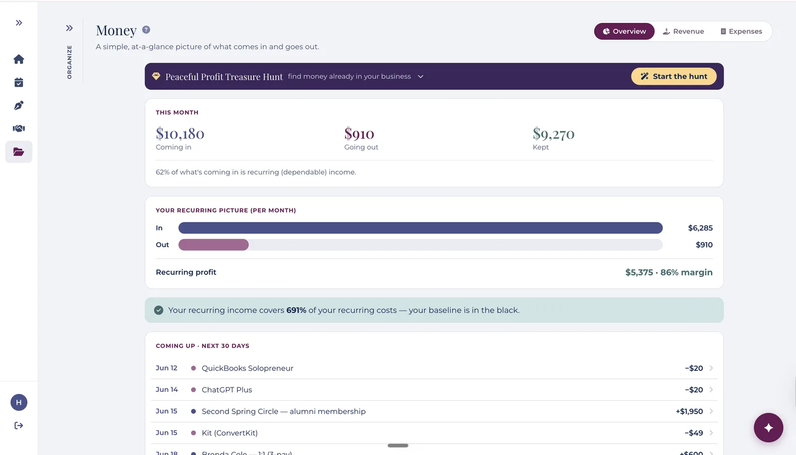 Money overview with recurring revenue, profit, and spending at a glance