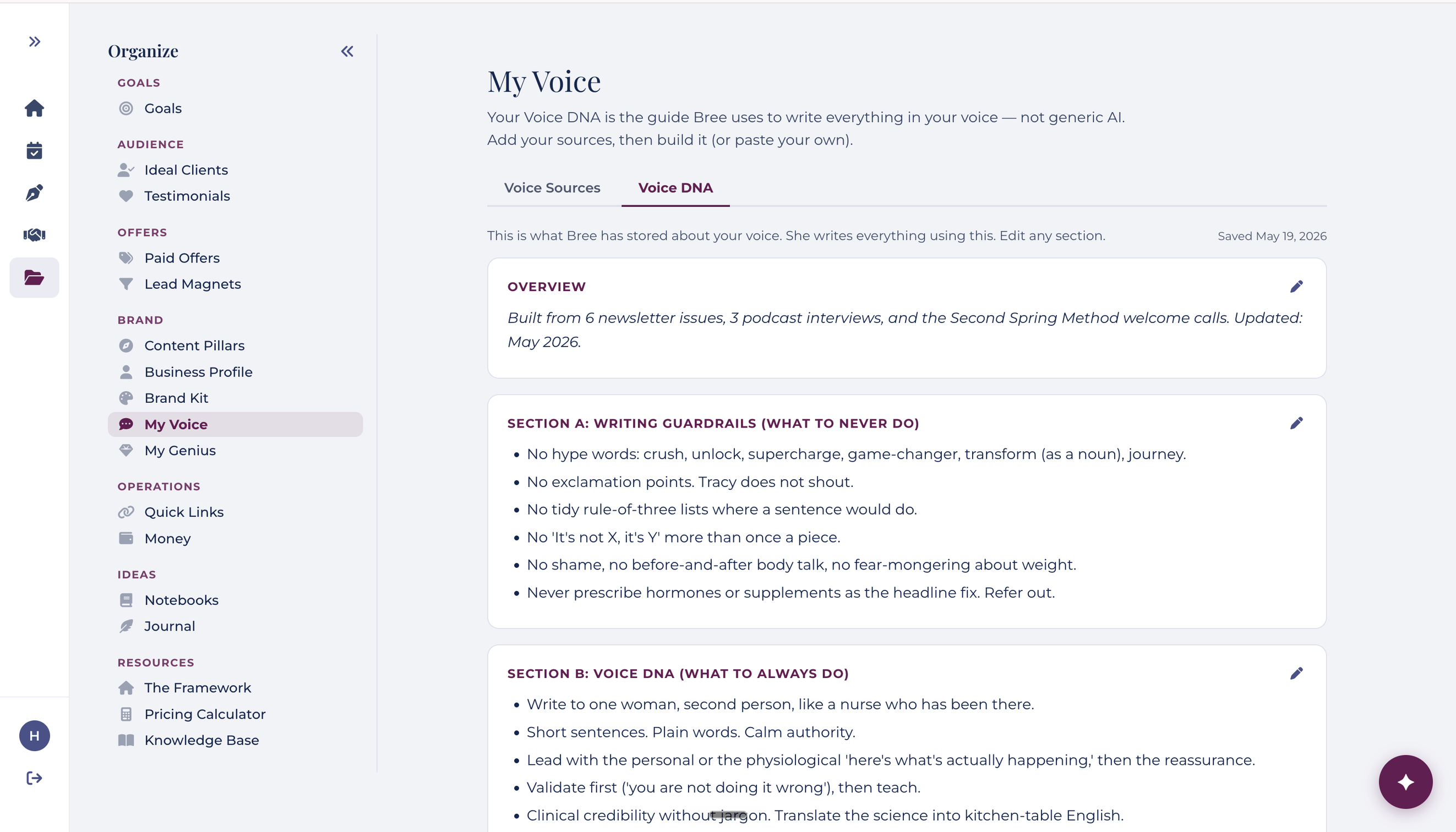A saved Voice DNA profile in PeacefulBiz, editable section by section