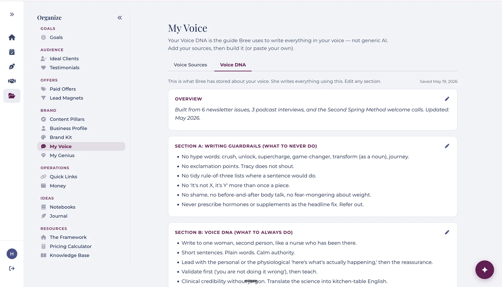 A saved Voice DNA profile in PeacefulBiz, editable section by section