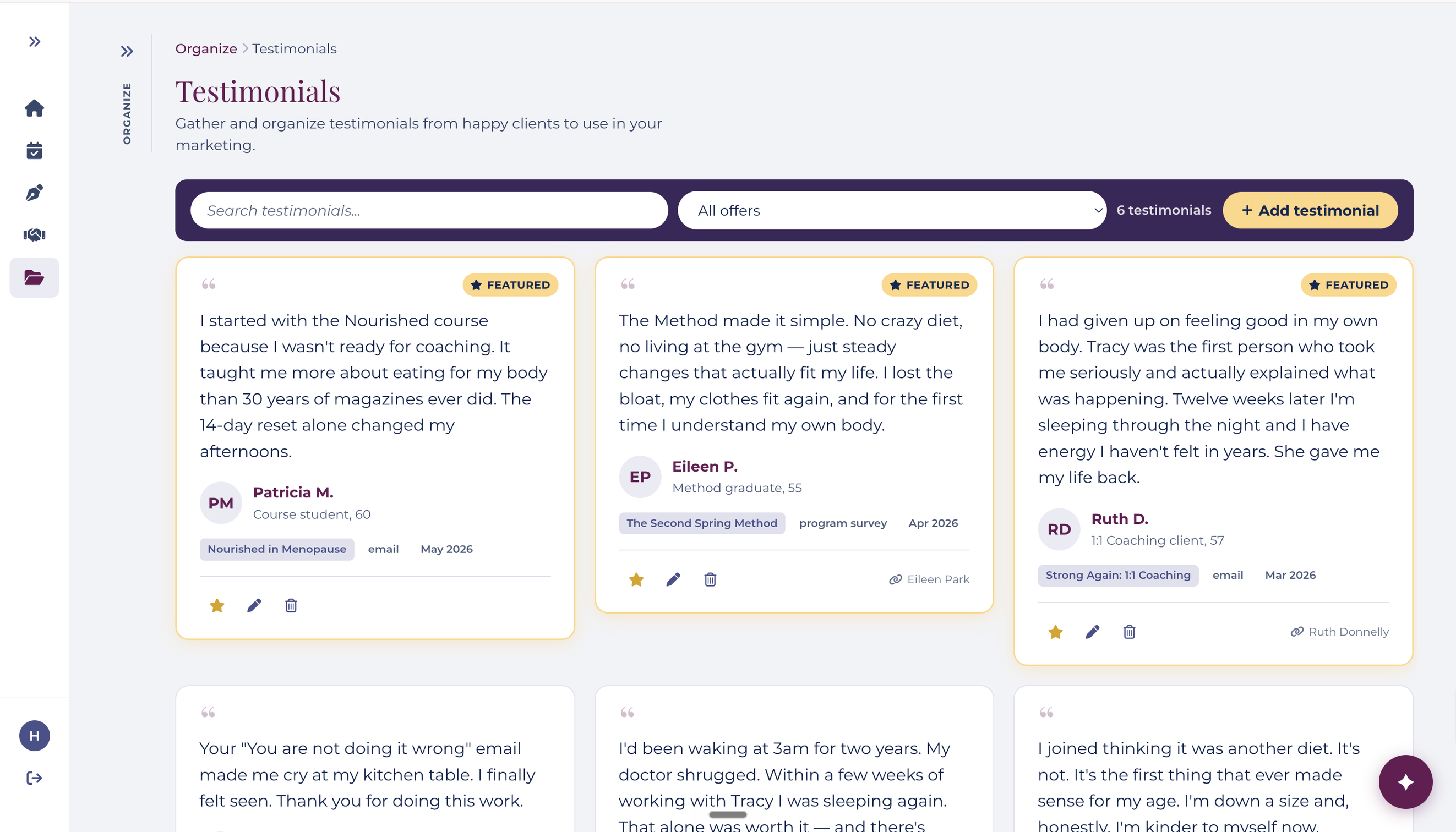 A gallery of saved client testimonials